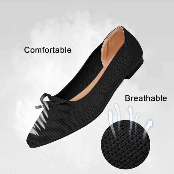 🆕Women Black Knit Pointed Toe Bow Ballet Flats Comfortable Dressy Slip On Shoes - Picture 2 of 6